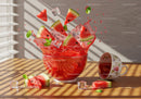 Fresh watermelon slices splashing with ice and mint leaves