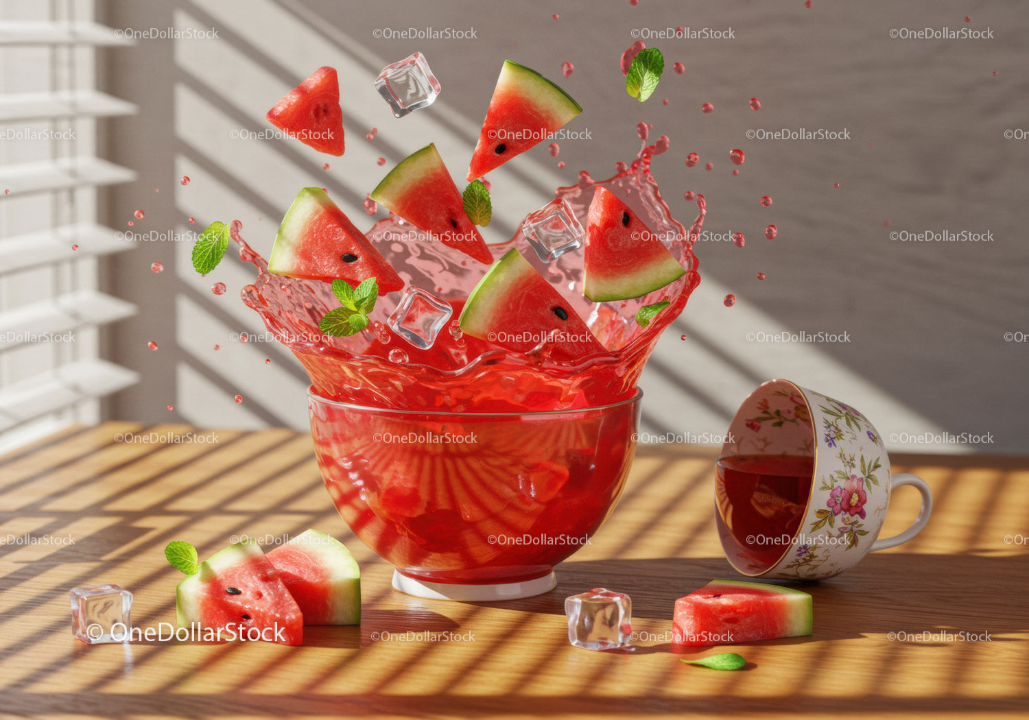Fresh watermelon slices splashing with ice and mint leaves