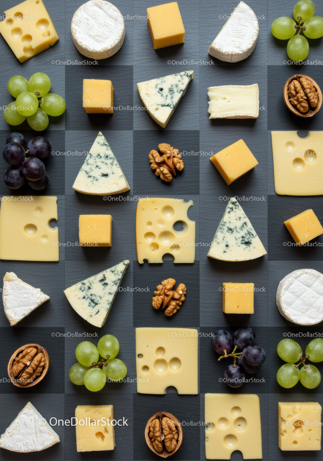 Variety of Cheese, Grapes, and Walnuts Arranged on Slate