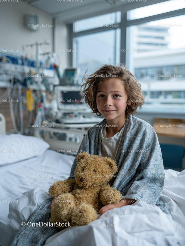 Child Patient Sitting on Hospital Bed Holding Teddy Bear