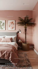 Elegant Bedroom with Pink Wall and Tall Palm Plant for Cozy Home Decor