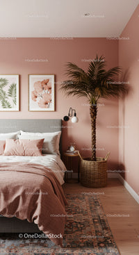 Elegant Bedroom with Pink Wall and Tall Palm Plant for Cozy Home Decor