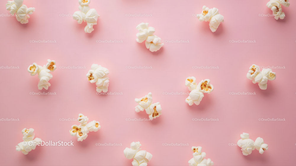 Popcorn rozsypany na różowym tle z obrazkami świeżych, chrupiących przekąsek