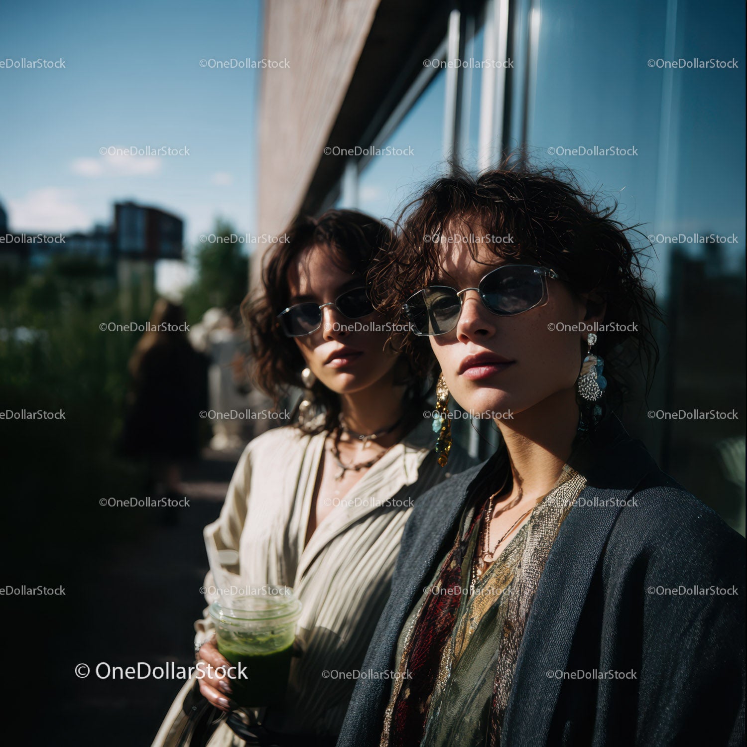 Trendy Women Wearing Sunglasses in Stylish Outdoor Fashion Scene