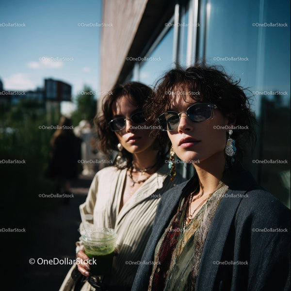 Trendy Women Wearing Sunglasses in Stylish Outdoor Fashion Scene