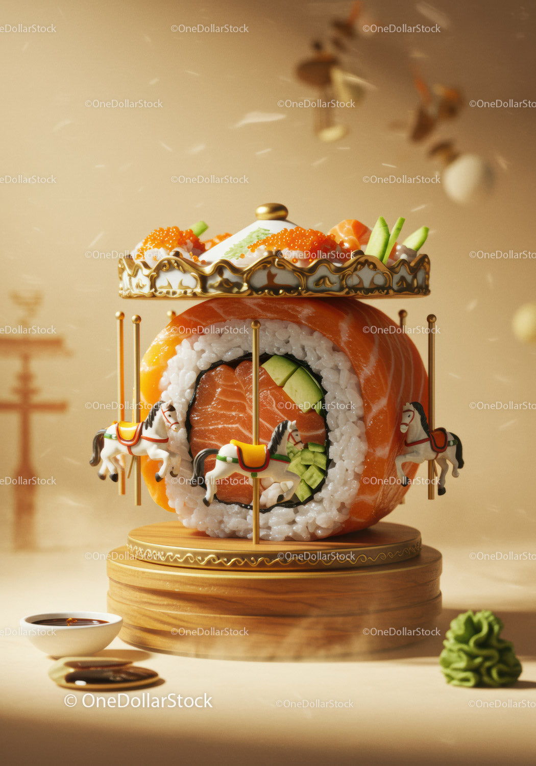 Creative sushi roll carousel with detailed miniature horses