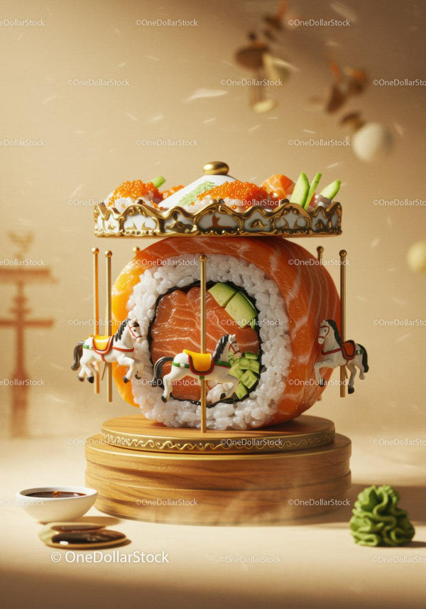 Creative sushi roll carousel with detailed miniature horses