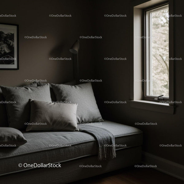 Modern Gray Sofa with Cushions Near Window in Cozy Living Room Scene