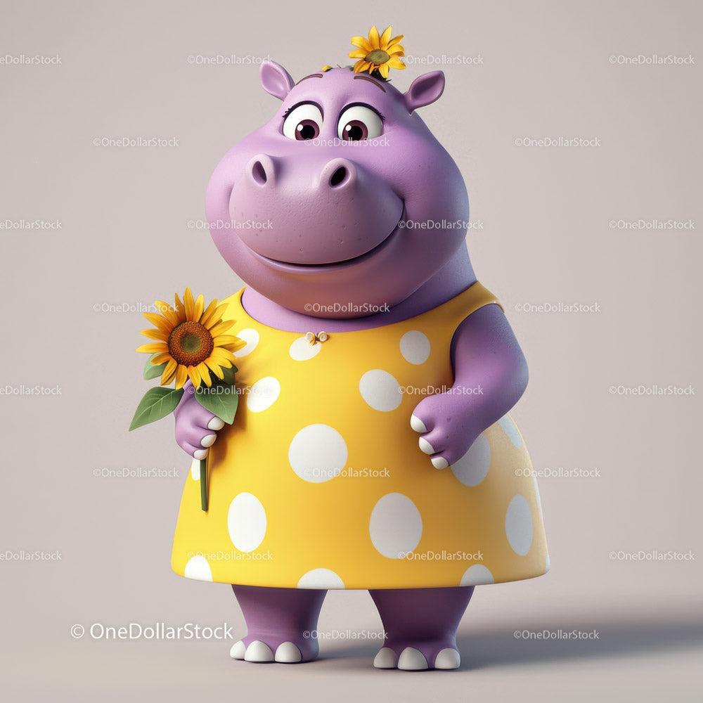 Cute Cartoon Hippo Holding Sunflower in Yellow Dress for Kids Illustration