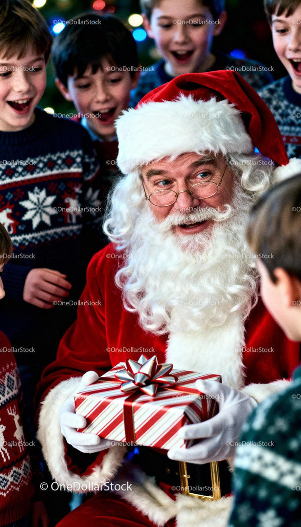 Santa Claus sharing Christmas gift with excited children