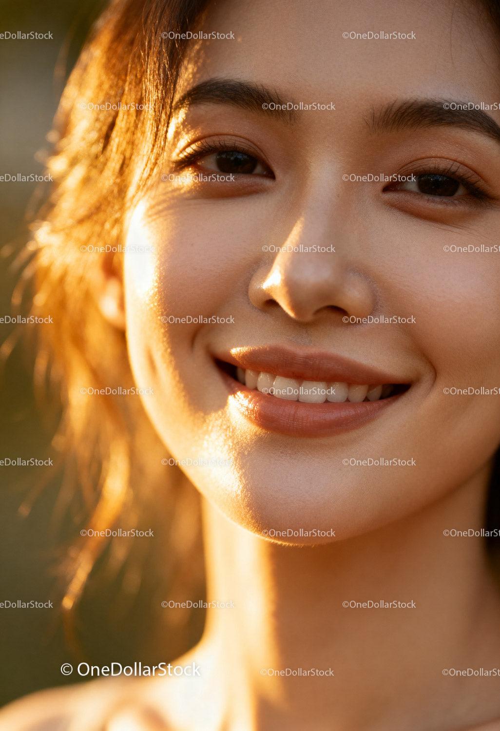 Close-up of young woman smiling in golden sunlight