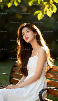 Serene young woman enjoying golden hour light outdoors