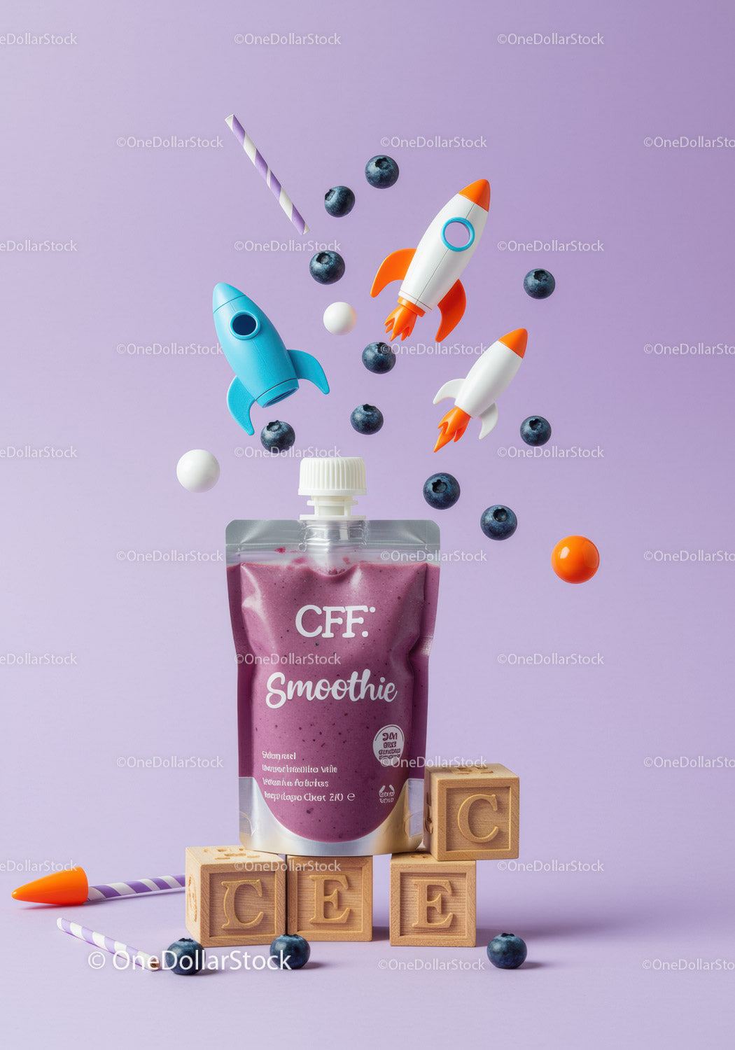 Berry smoothie pouch with playful rocket toy elements
