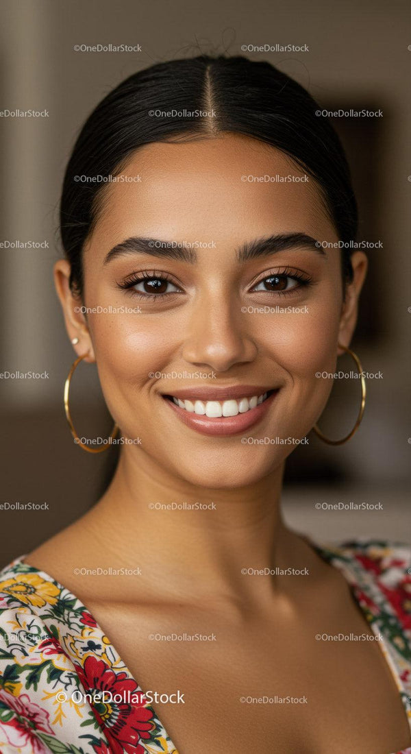 Beautiful Woman with Bright Smile and Floral Dress in Indoor Setting