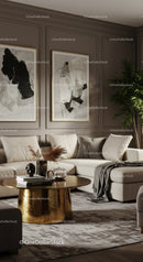 Cozy living room with elegant sofa and golden coffee table