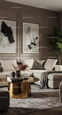 Cozy living room with elegant sofa and golden coffee table