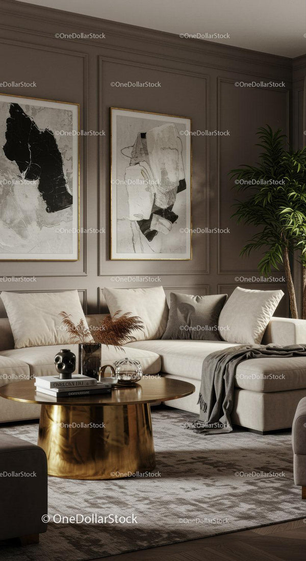 Cozy living room with elegant sofa and golden coffee table