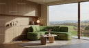 Cozy living room with green sofa and scenic window view