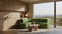 Cozy living room with green sofa and scenic window view