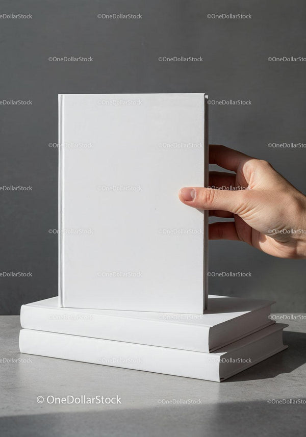 Hand holding blank white book with two books stacked JPG Mockup Image