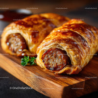 Close-Up of Delicious Sausage Rolls with Golden Pastry and Juicy Filling