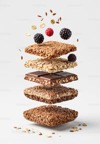 Stack of granola bars with berries and chocolate pieces