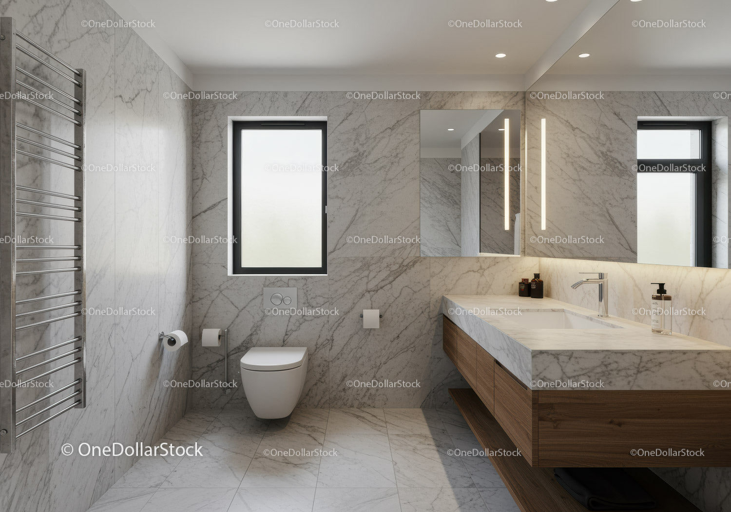 Modern Marble Bathroom with Wooden Vanity and Sleek Fixtures