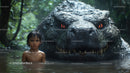 Young Boy and Large Crocodile in Rainforest Water Scene