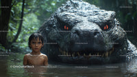 Young Boy and Large Crocodile in Rainforest Water Scene