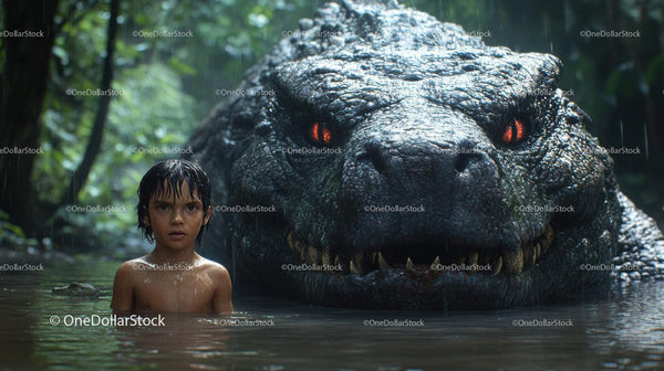 Boy Standing Next To Large Reptile In Water