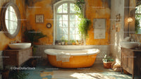 Vintage Rustic Bathroom with Sunlit Bathtub and Greenery