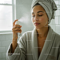 Woman refreshing her skin with a face mist spray