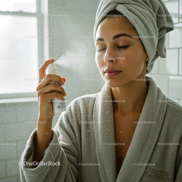 Woman refreshing her skin with a face mist spray