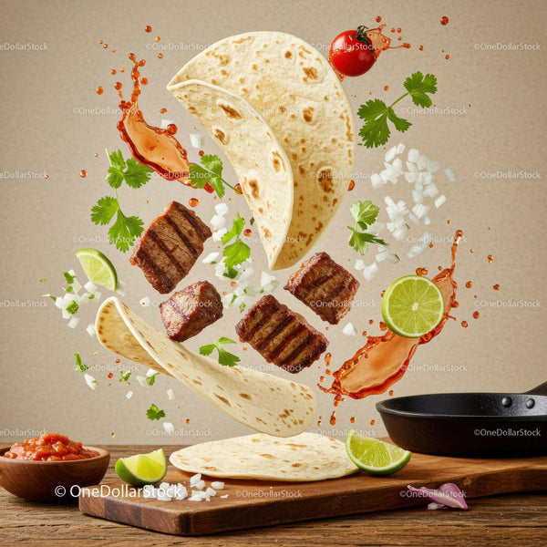 Ingredients of steak tacos floating over wooden board