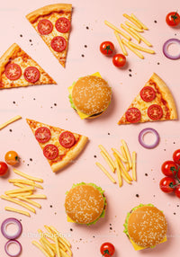 Flat Lay of Cheeseburgers Pizza Slices and Fries on Pink
