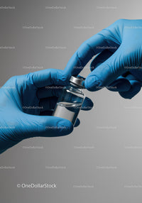 Close-up of hands in blue gloves handling a medical vaccine vial