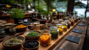 Assortment of colorful herbs and spices in glass jars on rustic wooden table