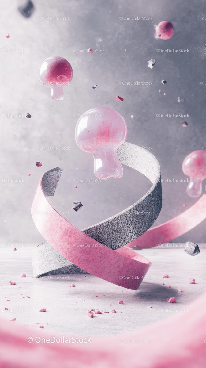 Abstract Pink Mushroom and Floating Bubbles in Surreal Scene