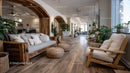 Bright Modern Lounge with Green Houseplants and Wooden Decor