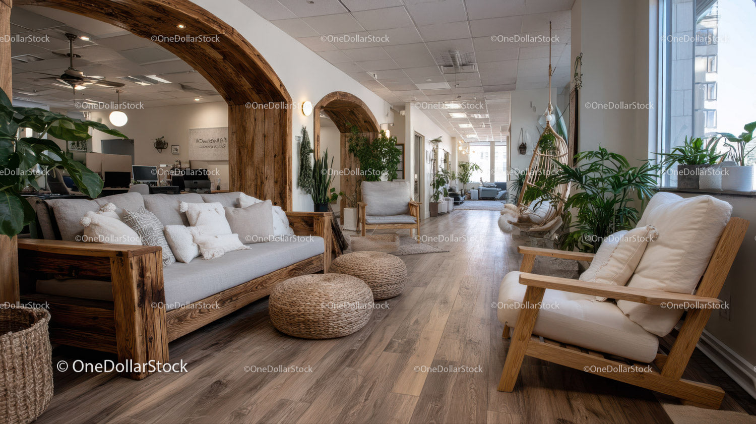 Bright Modern Lounge with Green Houseplants and Wooden Decor