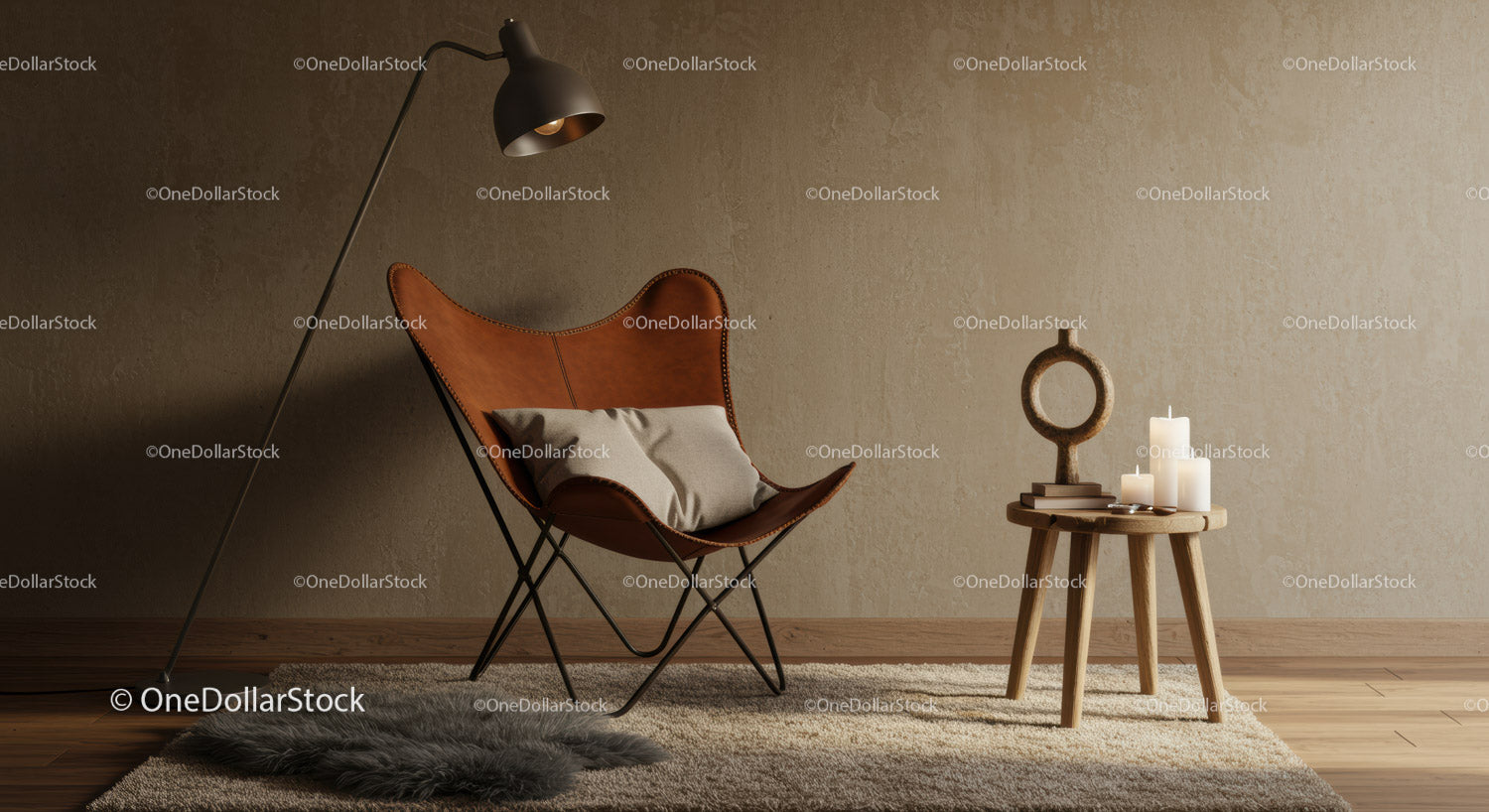 Cozy leather chair and candlelit wooden side table