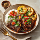 Savory Asian Dish with Rice, Vegetables, and Grilled Plantains