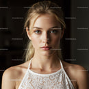 Portrait of a Young Woman with Blue Eyes and Blonde Hair in Stylish Lace Top