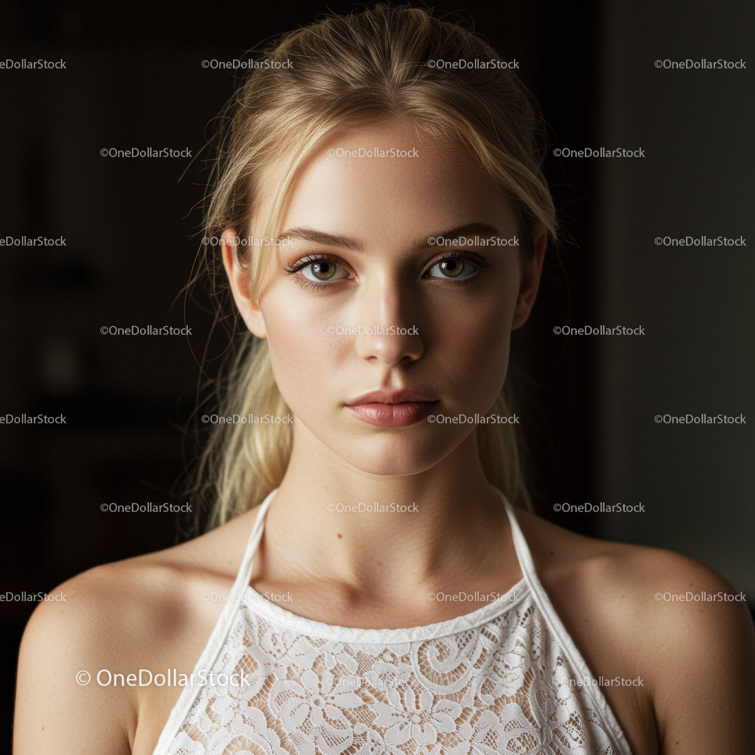 Portrait of a Young Woman with Blue Eyes and Blonde Hair in Stylish Lace Top