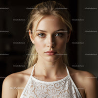 Portrait of a Young Woman with Blue Eyes and Blonde Hair in Stylish Lace Top