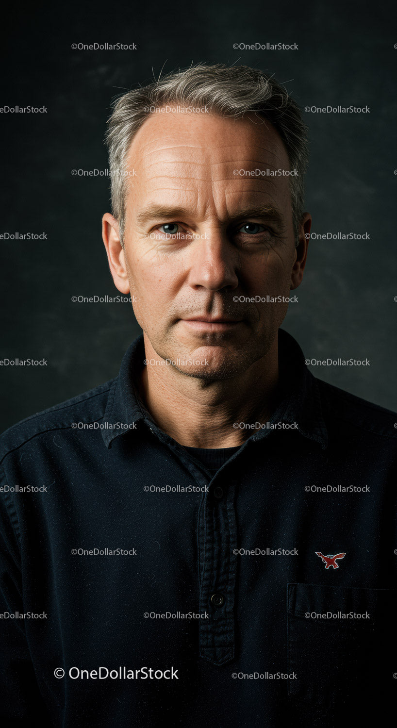 Confident Middle-Aged Man Portrait with Gray Hair in Black Shirt