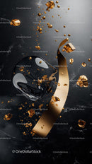 Luxurious Black Liquid Cube with Gold Fragments and Metallic Ribbon