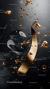 Luxurious Black Liquid Cube with Gold Fragments and Metallic Ribbon