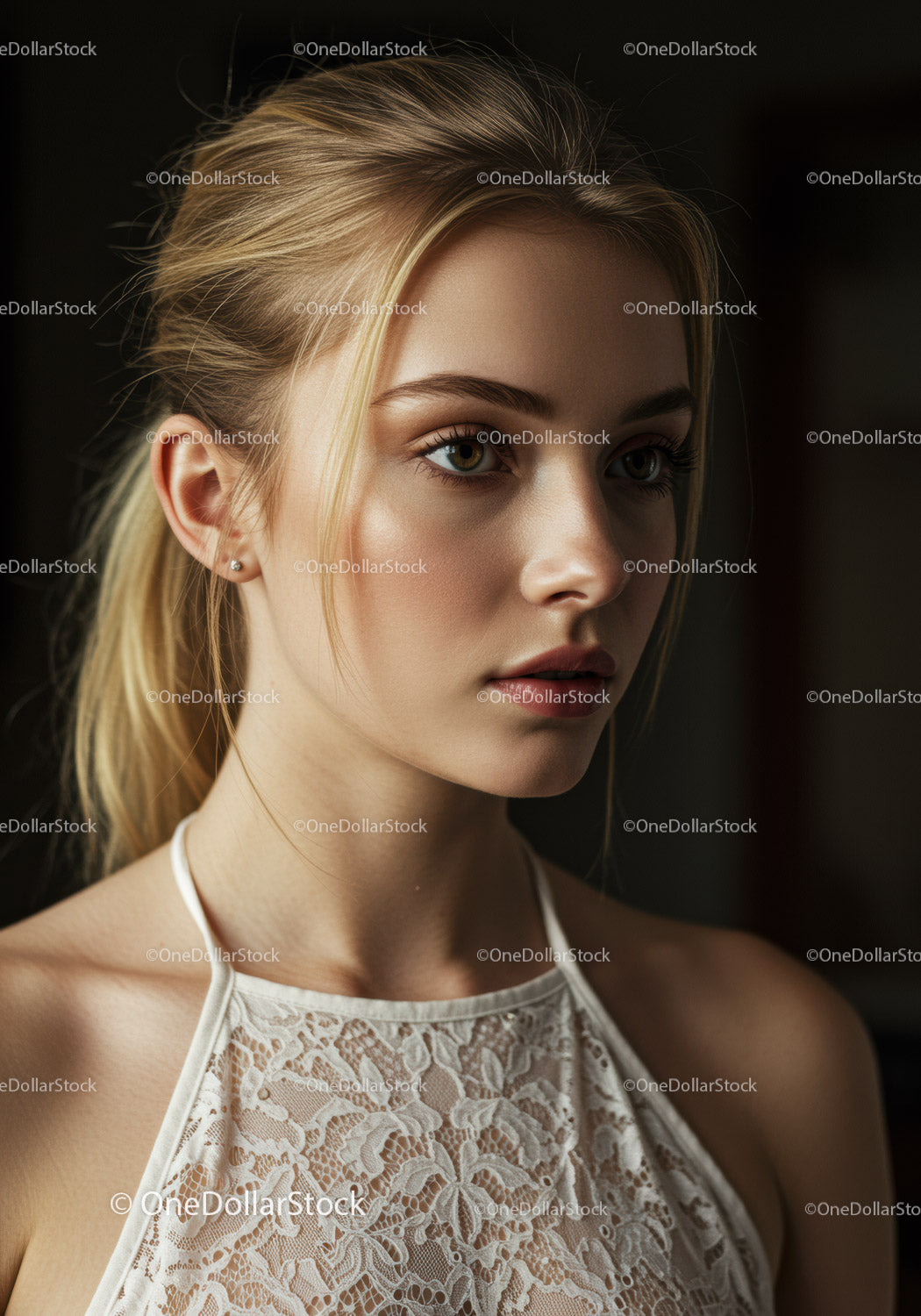 Portrait of a Young Woman in Elegant Lace Dress with Soft Lighting