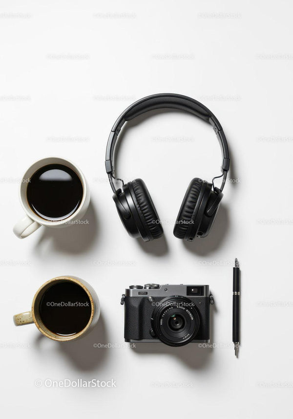 Modern Workspace Setup with Camera Headphones Coffee and Pen